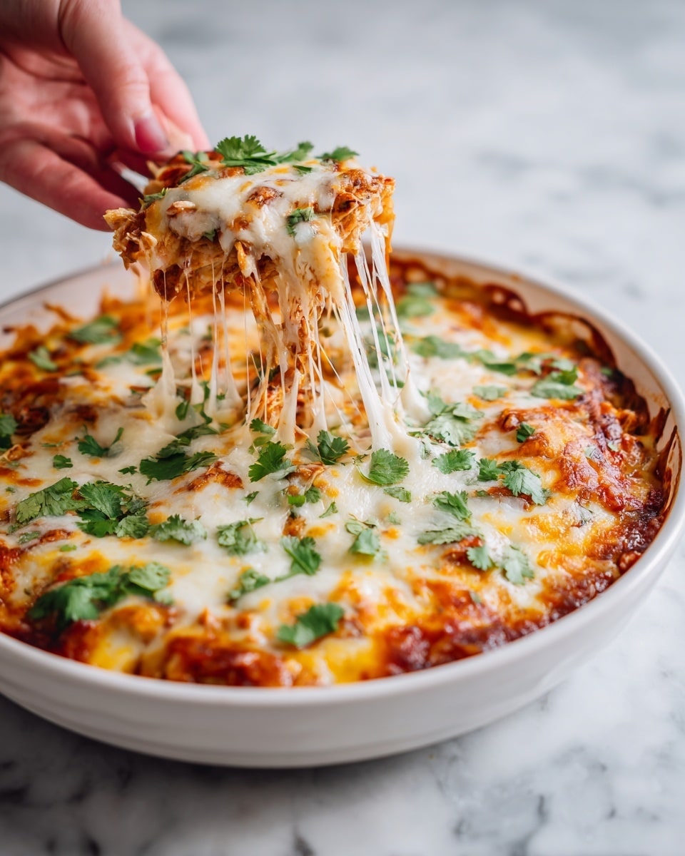 A round white dish filled with a baked layered casserole featuring melted orange cheese covering the top and sides. The cheese is bubbly and slightly browned in some spots, with layers of red tomato sauce and shredded chicken visible beneath. Bright green cilantro leaves are scattered on top, adding a fresh color contrast. A woman's hand is pulling up a cheesy portion, showing stretchy melted cheese strands connecting the lifted piece to the remaining casserole. The dish sits on a white marbled surface. photo taken with an iphone --ar 4:5 --v 7
