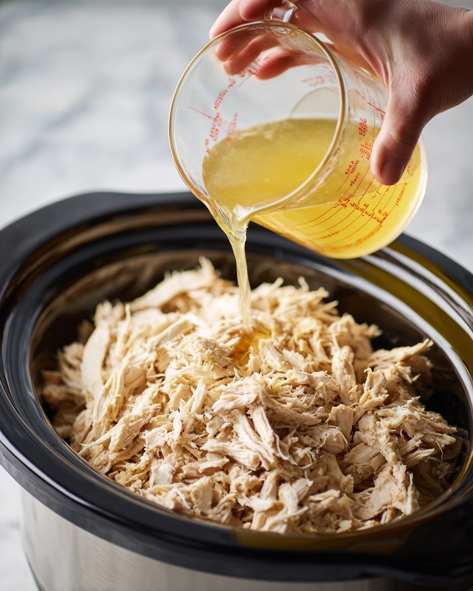A slow cooker filled with a thick layer of shredded light brown chicken. A woman’s hand is pouring a clear yellow broth over the shredded chicken from a clear glass measuring cup. The slow cooker is placed on a white marbled surface. The overall colors are light brown and yellow with a touch of black from the slow cooker edges. photo taken with an iphone --ar 4:5 --v 7