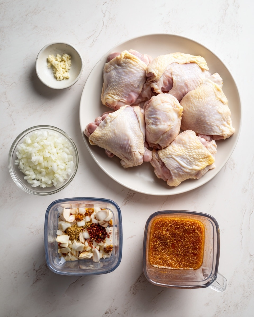 The image shows a top view of several white bowls and a small pile of ingredients arranged neatly on a white marbled surface. On the top left, a clear bowl holds raw chicken thighs, pale pink with a smooth and shiny texture. To the right, a white bowl contains chopped white onion pieces, chunky and irregular in shape. Nearby is a segmented orange slice and a small white bowl filled with bright orange juice. Below these, another white bowl holds pale yellow lime juice, and a separate white bowl contains several peeled garlic cloves, creamy in color and smooth in texture. A small red chili pepper lies between the bowls. There are flat white dishes with various spices: a mix of black pepper and salt, ground cumin (brownish-yellow), smoked paprika (deep red), and dried oregano (green flecks). Finally, a clear bowl filled with dark red, chunky chipotle peppers sits at the bottom right. Everything is arranged clearly and neatly on the white marbled surface. photo taken with an iphone --ar 4:5 --v 7