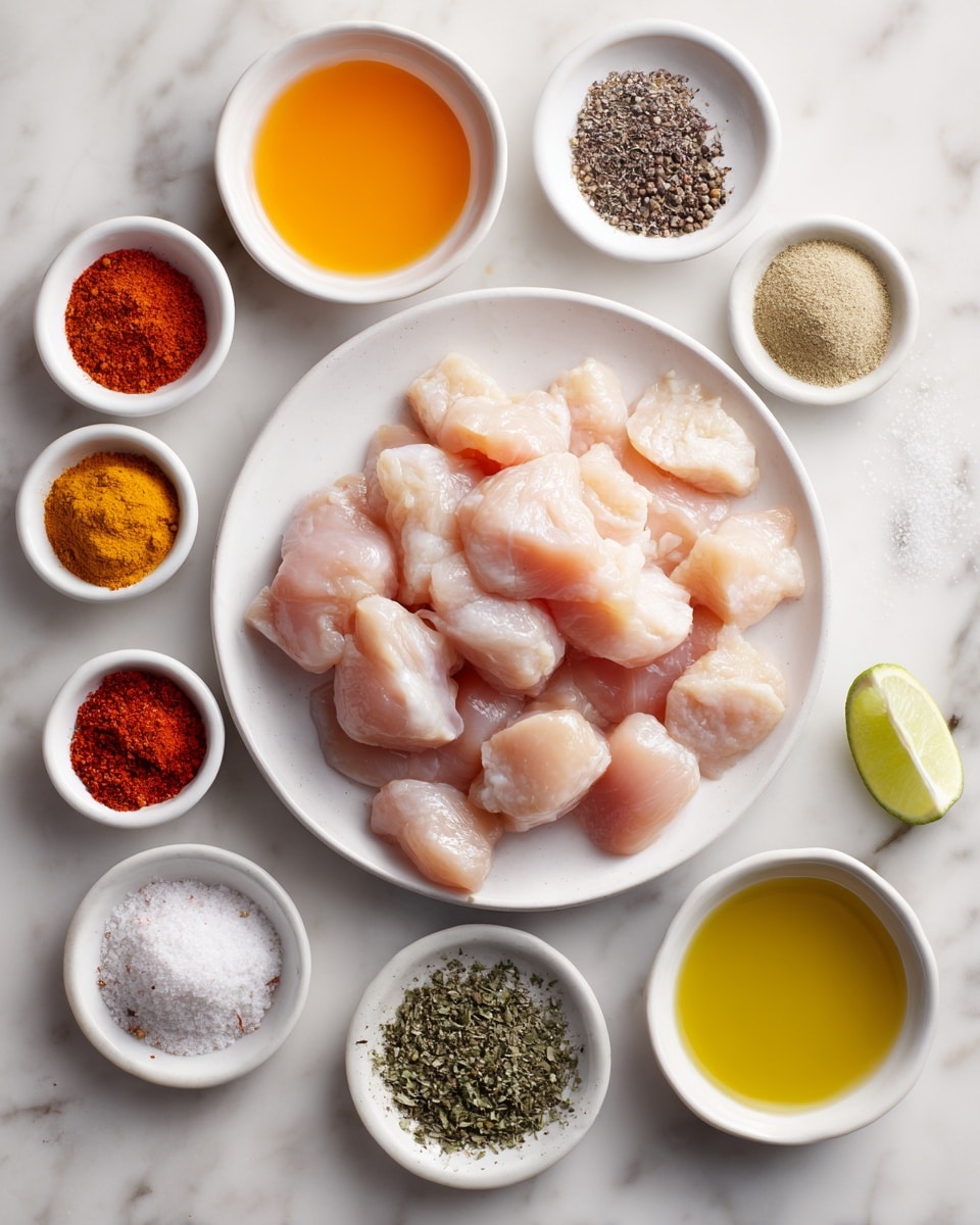 The image shows a white plate filled with raw chicken pieces placed in the center on a white marbled surface. Surrounding the plate are small white bowls and piles of spices and liquids arranged neatly: a small bowl of orange juice on the lower left, a bowl of olive oil on the upper right, and a small bowl of lime juice on the lower center. There are small piles and labels for different spices around the plate: coriander, cumin, oregano, achiote powder, garlic, salt, and black pepper. The chicken pieces are pale and smooth with natural texture. The overall setup is clean and organized, with all ingredients clearly visible and placed around the chicken on the white marbled background. Photo taken with an iphone --ar 4:5 --v 7