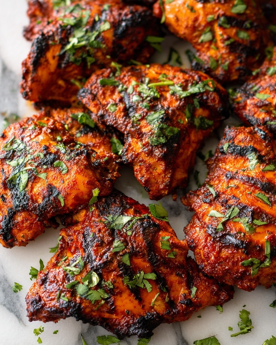 The image shows several grilled chicken pieces with dark char marks, arranged closely on a white marbled surface. The chicken is coated in a rich, deep reddish-brown sauce that looks spicy and smoky. Bright green herbs are sprinkled gently on top, adding fresh color contrast. The chicken pieces have a textured, slightly rough surface with grill lines running across each piece. photo taken with an iphone --ar 4:5 --v 7