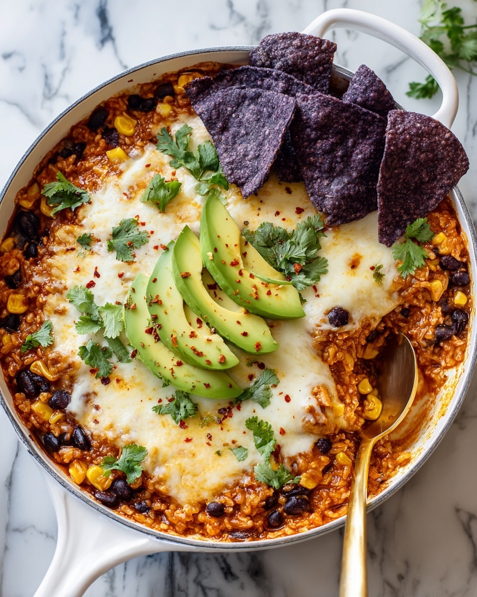 The image shows a white pan filled with a layered dish. The bottom layer consists of a mix of rice, black beans, and corn, scattered evenly. On top of this is a smooth, melted layer of white cheese that covers most of the rice mix. Three slices of fresh green avocado are placed on the cheese in separate spots, each fanned slightly to show texture. Small green cilantro leaves are sprinkled evenly over the cheese layer, along with red pepper flakes for a touch of color. Dark purple tortilla chips are arranged mostly on one side of the pan, some slightly dipped into the cheese and rice mix. A golden spoon rests inside the pan, ready to scoop. The pan's handle is visible and the background features a white marbled surface. Photo taken with an iphone --ar 4:5 --v 7