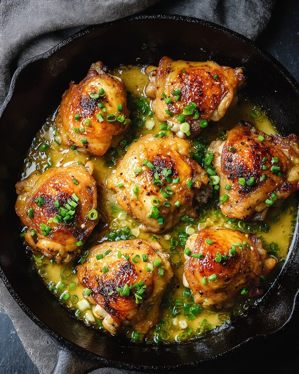 A black cast iron pan filled with eight golden brown chicken thighs cooked in a light yellow sauce, sprinkled generously with bright green chopped scallions on top. The chicken thighs have a shiny, crisp skin with some darker caramelized spots, and the sauce looks slightly oily and rich. The pan sits on a dark surface next to a folded gray cloth. Photo taken with an iphone --ar 4:5 --v 7