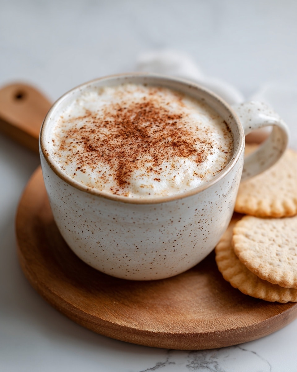 The image shows a cup filled with a creamy white drink topped with a light dusting of brown powder evenly spread over the surface. The cup is light-colored with a speckled pattern and a handle visible on the right side. It sits on a round wooden board placed on a white marbled surface. Next to the board, there are two light-colored biscuits with a slightly rough texture. The scene is bright and softly lit. photo taken with an iphone --ar 4:5 --v 7