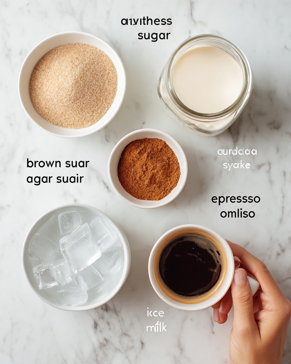 The image shows five small white bowls and a glass jar on a white marbled surface. One small white bowl contains light brown powder labeled