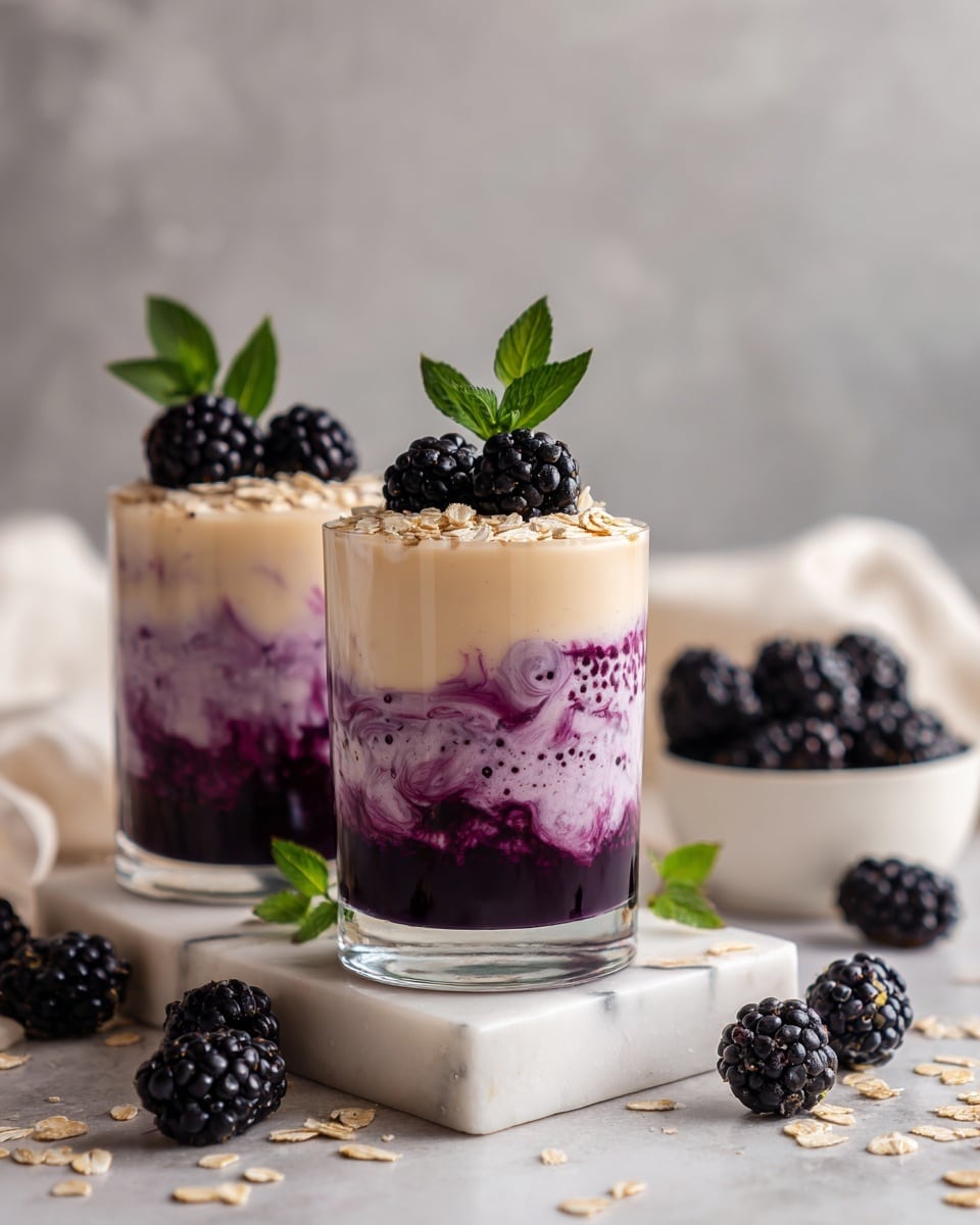 The image shows two clear glasses with three layers each: a dark purple-black bottom layer, a middle swirling layer of light purple mixed with white, and a top creamy beige layer with a smooth texture. On top of the layer are two blackberries and two green leaves standing upright as decoration. The glasses stand on a white marbled block, surrounded by scattered blackberries and oat flakes. In the background, there is a small white bowl filled with blackberries and a white cloth, all set against a soft grey and blurred backdrop. photo taken with an iphone --ar 4:5 --v 7