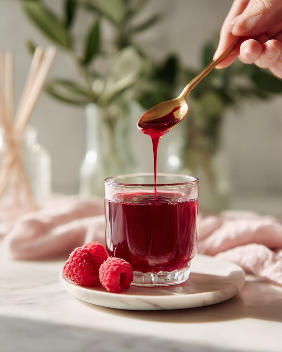 A clear glass sits on a small white plate with soft, rounded edges on a white marbled surface. Inside the glass is a smooth, deep red liquid being poured from a gold spoon held by a woman's hand from above. Next to the plate, there are three fresh red raspberries resting on the white marbled surface. In the background, there is a light pink cloth, a small clear jar with a white stick inside, and blurred green leafy plants in glass containers, all softly lit with natural light coming from the left. photo taken with an iphone --ar 4:5 --v 7