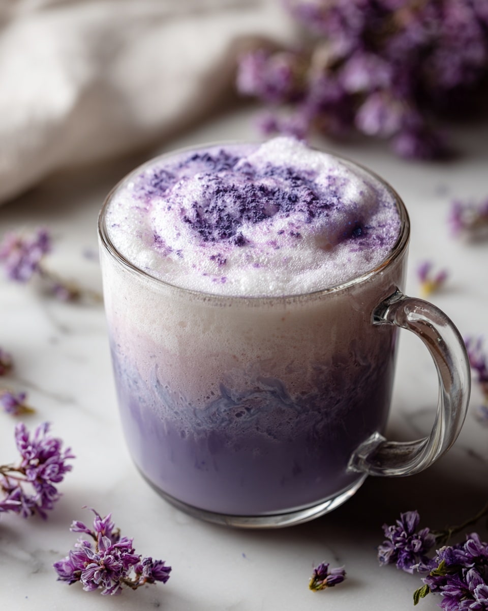 A clear glass mug filled with a smooth, light purple drink forms the bottom layer, topped by a thick, fluffy white foam layer. The foam has a soft texture with a slightly swirled pattern, sprinkled with a dusting of darker purple powder on top, creating a gentle contrast. The mug has a handle on the right side and sits on a white marbled surface with small purple flowers scattered around, adding a delicate touch. photo taken with an iphone --ar 4:5 --v 7