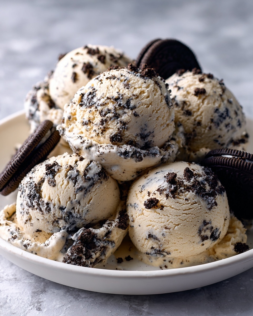 Five round scoops of cookies and cream ice cream are stacked in a pyramid on a white plate. The ice cream is creamy beige with dark cookie bits scattered throughout each scoop. Three of the scoops have thin lines of dark chocolate syrup drizzled on top, adding a shiny texture. Crushed cookie crumbs are sprinkled over the ice cream and around the plate, with some larger cookie pieces placed near the scoops. The plate sits on a white marbled surface, and in the blurred background is another white bowl filled with whole cookies. Photo taken with an iphone --ar 4:5 --v 7