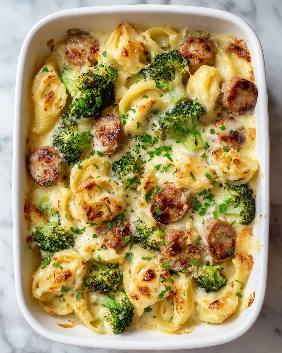 The image shows a close-up of a creamy pasta dish served in a white bowl on a white marbled surface. There are about three layers visible: the bottom layer is filled with round tortellini pasta pieces with a smooth, pale yellow color. The middle layer has bright green broccoli florets scattered evenly, adding a fresh texture. The top layer is sprinkled with shredded white cheese and black pepper, giving a slightly rough look and light contrast. The overall feel is rich and freshly cooked. Photo taken with an iphone --ar 4:5 --v 7