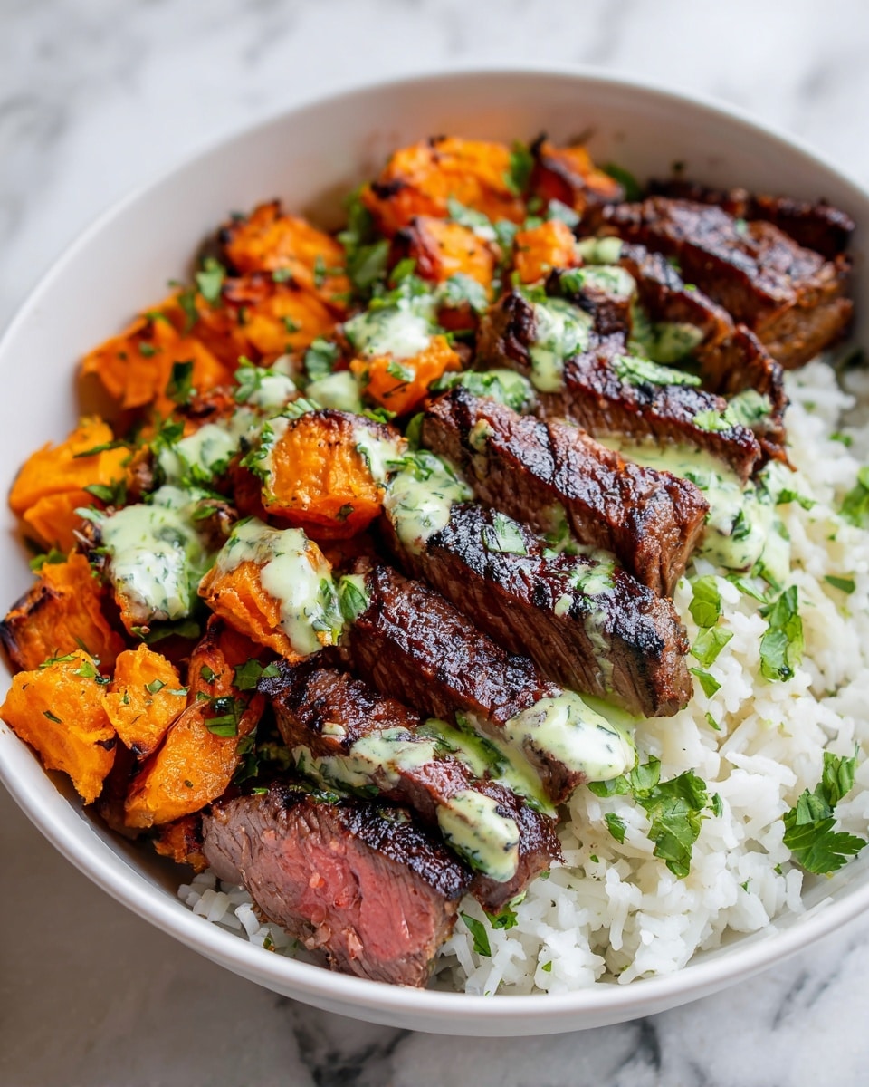 A white bowl holds three main layers: the bottom layer is a bed of white rice with a soft, fluffy texture visible around the edges; the middle layer consists of grilled steak slices arranged in a row, each piece showing a charred, dark brown crust with a juicy pink center; the top layer includes bright orange roasted sweet potato chunks, slightly crisp on the outside. Green chopped herbs are sprinkled all over the steak and sweet potatoes, with a light green creamy sauce drizzled over the steak slices adding a smooth texture contrast. The bowl rests on a white marbled surface. photo taken with an iphone --ar 4:5 --v 7