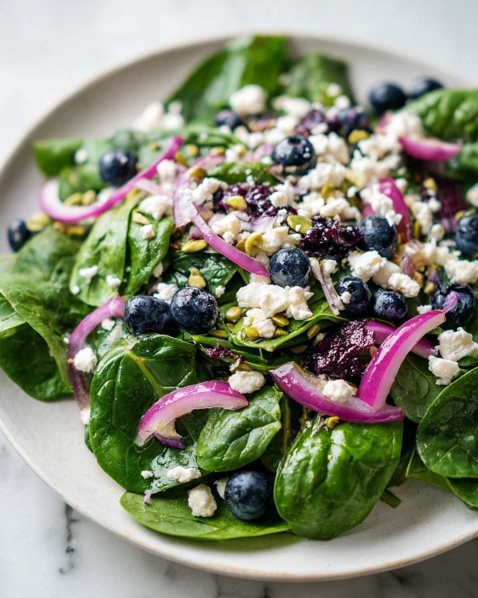 A fresh salad served on a white plate placed on a white marbled surface. The salad has a base layer of green leafy spinach spread evenly across the plate. On top, there are scattered small clusters of white cheese crumbles, bright purple-pink pieces of chopped red onions, and whole blueberries adding a deep blue color. Light green crushed nuts are sprinkled over everything, giving a crunchy texture. The mix of colors and textures creates a fresh and vibrant look. Photo taken with an iphone --ar 4:5 --v 7