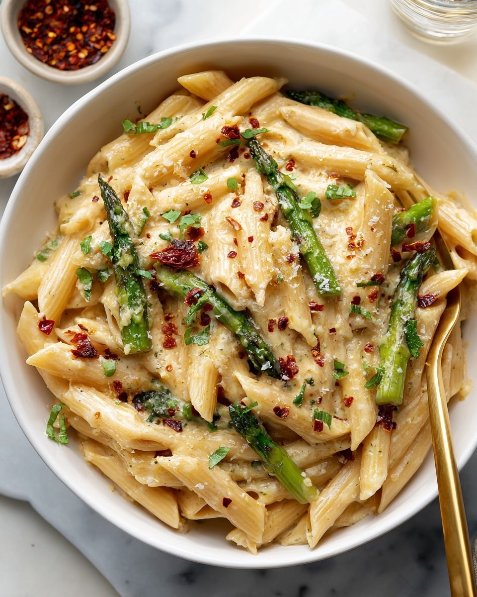 A white bowl is filled with layers of penne pasta and bright green asparagus pieces. The pasta is coated in a creamy, light beige sauce that covers the top and fills the gaps between the pasta. Red chili flakes are sprinkled evenly over the dish, adding small red specks. A fine powder, likely grated cheese, lightly dusts the surface. A gold-colored fork is partly stuck into the pasta near the bottom edge of the bowl. The bowl sits on a white marbled surface with a blurred bowl of red chili flakes visible in the background. photo taken with an iphone --ar 4:5 --v 7