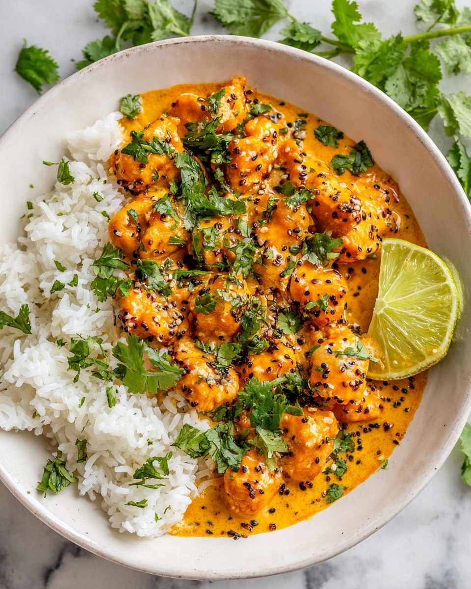 A white bowl filled with three layers: the bottom layer is fluffy white rice with distinct grains, the middle layer is covered with creamy orange sauce with visible black spices, and the top layer consists of small, soft orange chicken pieces coated in the sauce, scattered with bright green fresh cilantro leaves, and a wedge of light green lime placed on the right side. The bowl sits on a white marbled surface with some green cilantro leaves blurred in the background. Photo taken with an iphone --ar 4:5 --v 7