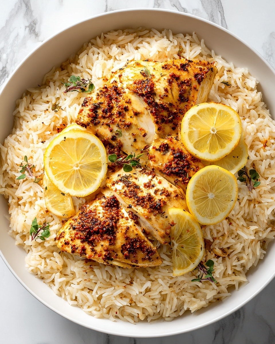 The dish shows a large white bowl filled with fluffy cooked rice that forms the base layer, light brown in color with a soft texture. On top, there are two cooked chicken pieces with a golden-brown crust, seasoned with black and red spices, giving a slightly rough texture. There are thin slices of lemon placed both on the rice and on the chicken, adding bright yellow and white colors, with a smooth, shiny look. Small green herb sprigs are scattered lightly on the chicken and rice, adding fresh green spots. The bowl is set on a white marbled surface photo taken with an iphone --ar 4:5 --v 7