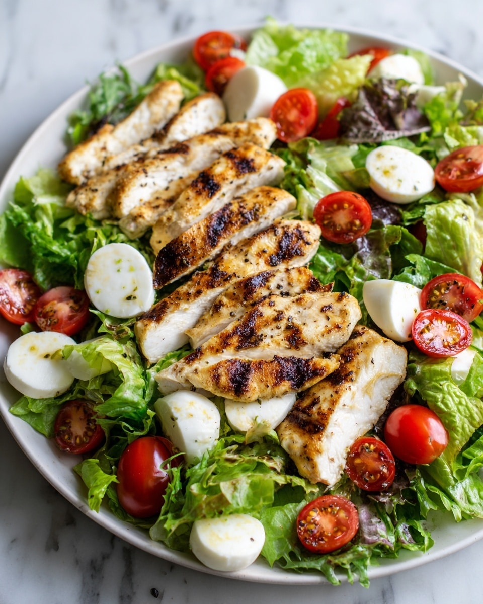 A white plate filled with a fresh salad featuring multiple layers: the base consists of light and dark green leafy lettuce spread evenly. Over the lettuce are several slices of grilled chicken with visible charred grill marks, showing a golden brown color with slightly darker edges. Scattered around are bright red cherry tomato halves, along with white slices of mozzarella cheese. The salad has a texture mix of soft cheese, juicy tomatoes, and tender grilled chicken, all placed on a white marbled surface. A woman's hand holds the edge of the plate slightly. photo taken with an iphone --ar 4:5 --v 7