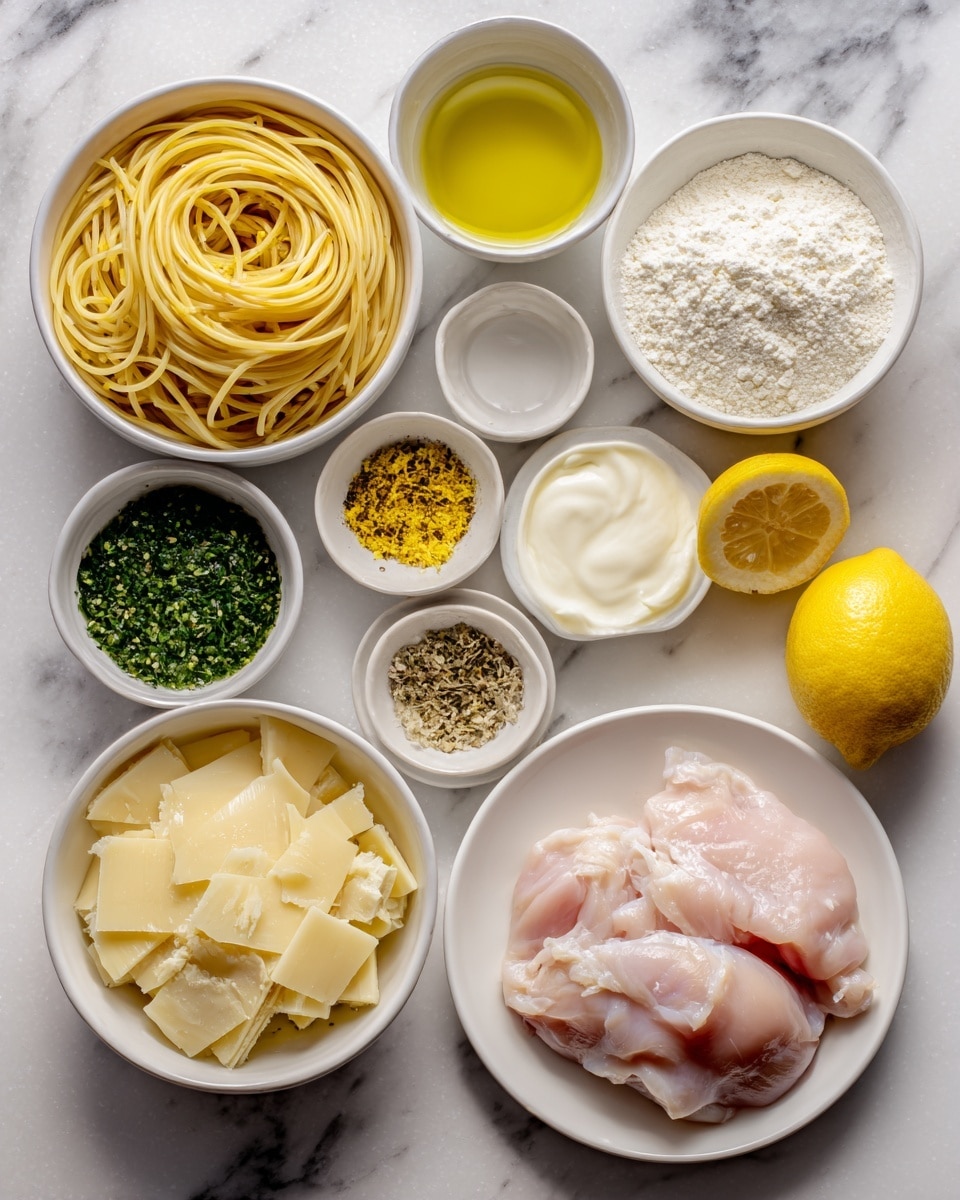 The image shows ingredients for a chicken pasta dish arranged on a white marbled surface. There is raw chicken placed on a white plate at the bottom right. Next to it on the bottom left is a white bowl filled with cooked spaghetti, light yellow and slightly shiny. Above the spaghetti is a white bowl with large pale yellow Parmesan pieces. In the middle right is a white bowl filled with white flour. To the left and slightly above the flour is a small white bowl of olive oil, amber and clear. Above the olive oil is a bowl with green garlic herbs, finely chopped. Above the flour is a bowl with a mixture of yellow and brown dry spices (lemon zest, pepper, lemon peel). On the top right is half a lemon and lemon slices. On the top left is a white bowl that appears to contain heavy cream, white and thick. The items are spread out neatly, showing a clear view of each ingredient. Photo taken with an iphone --ar 4:5 --v 7