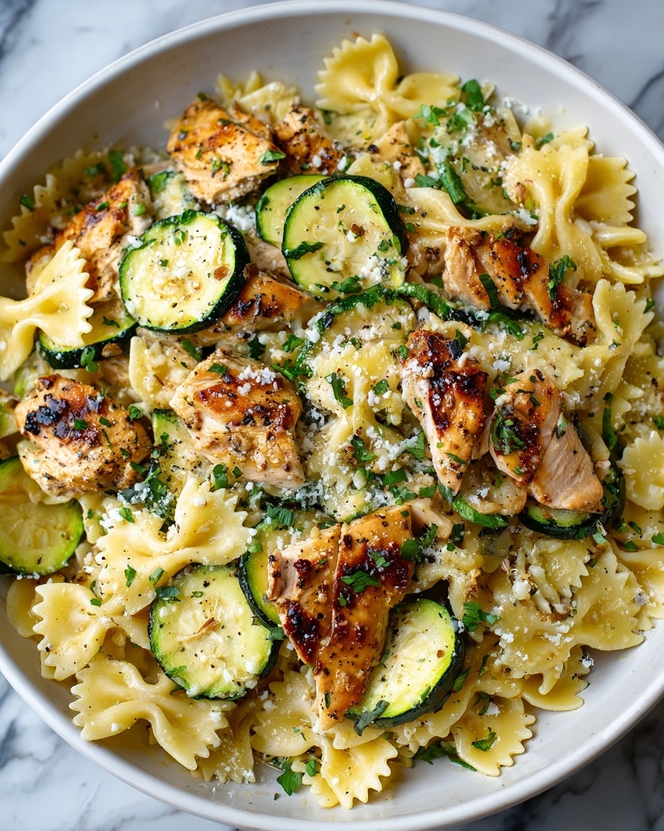 The dish shows a close-up view of a pasta meal with layers of bow-tie pasta in light yellow, grilled chicken pieces with a golden brown color and slightly charred spots, and slices of green zucchini with a soft cooked texture. The pasta acts as the base layer scattered evenly, with the grilled chicken pieces placed on top mixed among the pasta. The zucchini slices are spread throughout, adding a green contrast. The dish is garnished with small bits of chopped green herbs and a sprinkle of fine white cheese and black pepper, giving it a fresh and seasoned look. The background is a white marbled texture. photo taken with an iphone --ar 4:5 --v 7