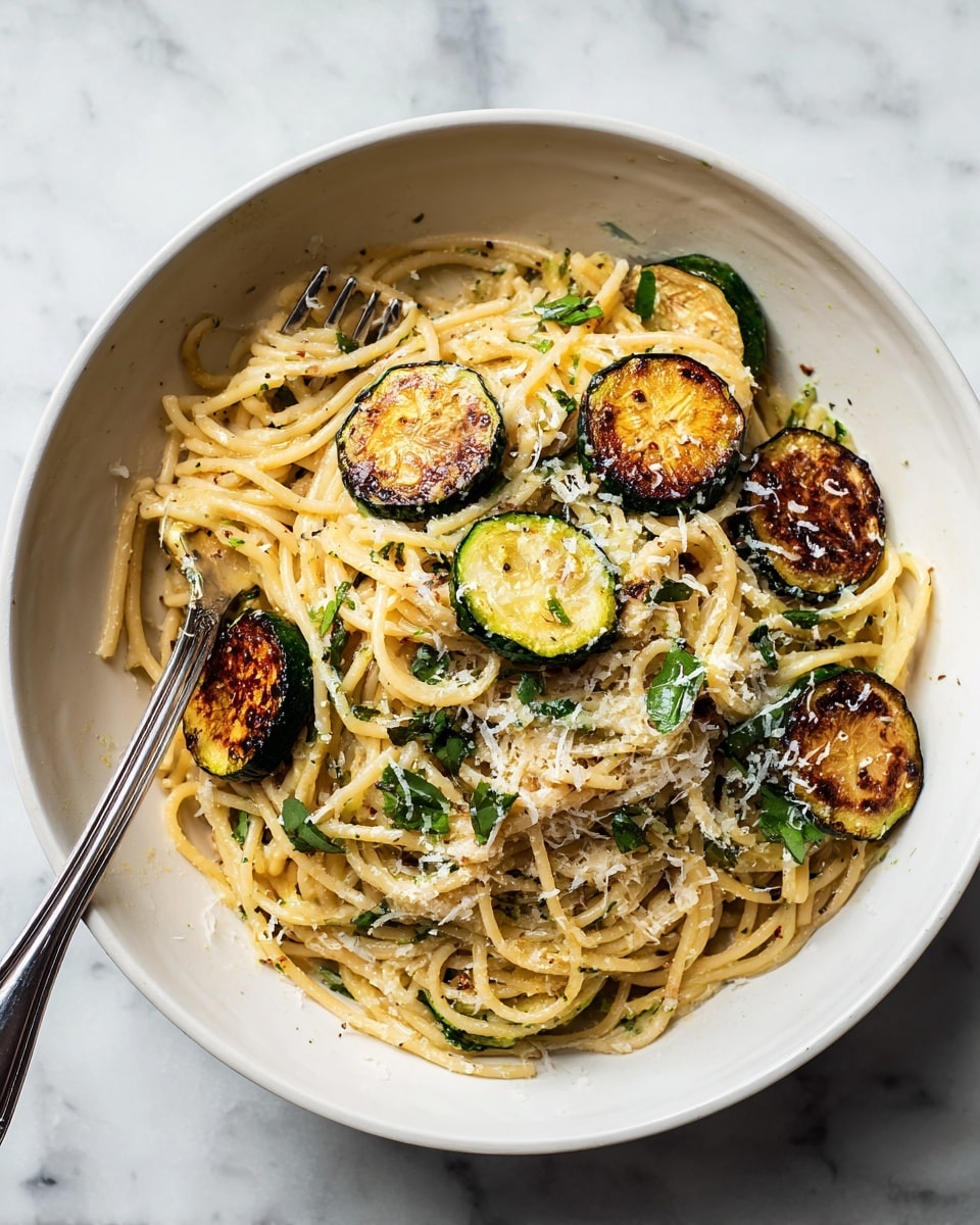 A white bowl holds a serving of spaghetti noodles mixed with green basil pieces, topped with several golden-brown round slices of roasted zucchini that have charred edges. The pasta is sprinkled with fine white grated cheese, creating a light dusting over the whole dish. A silver fork sits inside the bowl, resting on the noodles with two zucchini slices on its prongs. The bowl is placed on a white marbled surface. Photo taken with an iphone --ar 4:5 --v 7