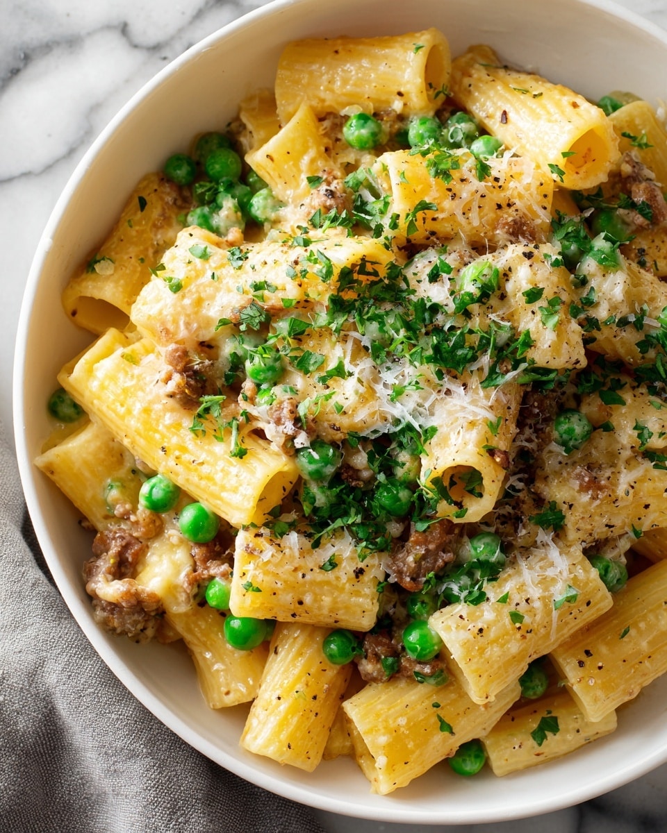 A black bowl filled with creamy pasta made of short tubes coated in a light yellow sauce, mixed with bright green peas and small pinkish pieces of meat scattered evenly throughout. On top, there is a sprinkling of finely grated white cheese, bits of chopped fresh green herbs, and a light dusting of black pepper. The pasta looks rich and smooth, and the ingredients are well blended, giving a soft texture with little bursts of color from the peas and herbs. The bowl sits on a white marbled surface. photo taken with an iphone --ar 4:5 --v 7