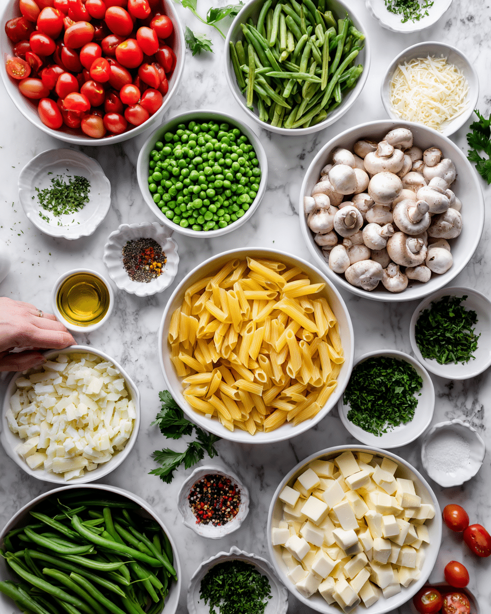 The image shows many white bowls and small white containers arranged on a white marbled surface. At the center is a bowl filled with yellow penne pasta. Surrounding it are bowls of different ingredients: green chopped asparagus pieces, sliced white mushrooms, bright red cherry tomatoes still on the vine, green peas, chopped parsley, chopped chives, whole green beans, white rice, and cubed butter. There are also small bowls and containers with liquids and spices such as olive oil, vinegar, salt, pepper, and crushed red pepper flakes. A woman's hand is reaching over from the left side near some of the bowls. The overall scene is bright and clean with a focus on fresh ingredients. photo taken with an iphone --ar 4:5 --v 7