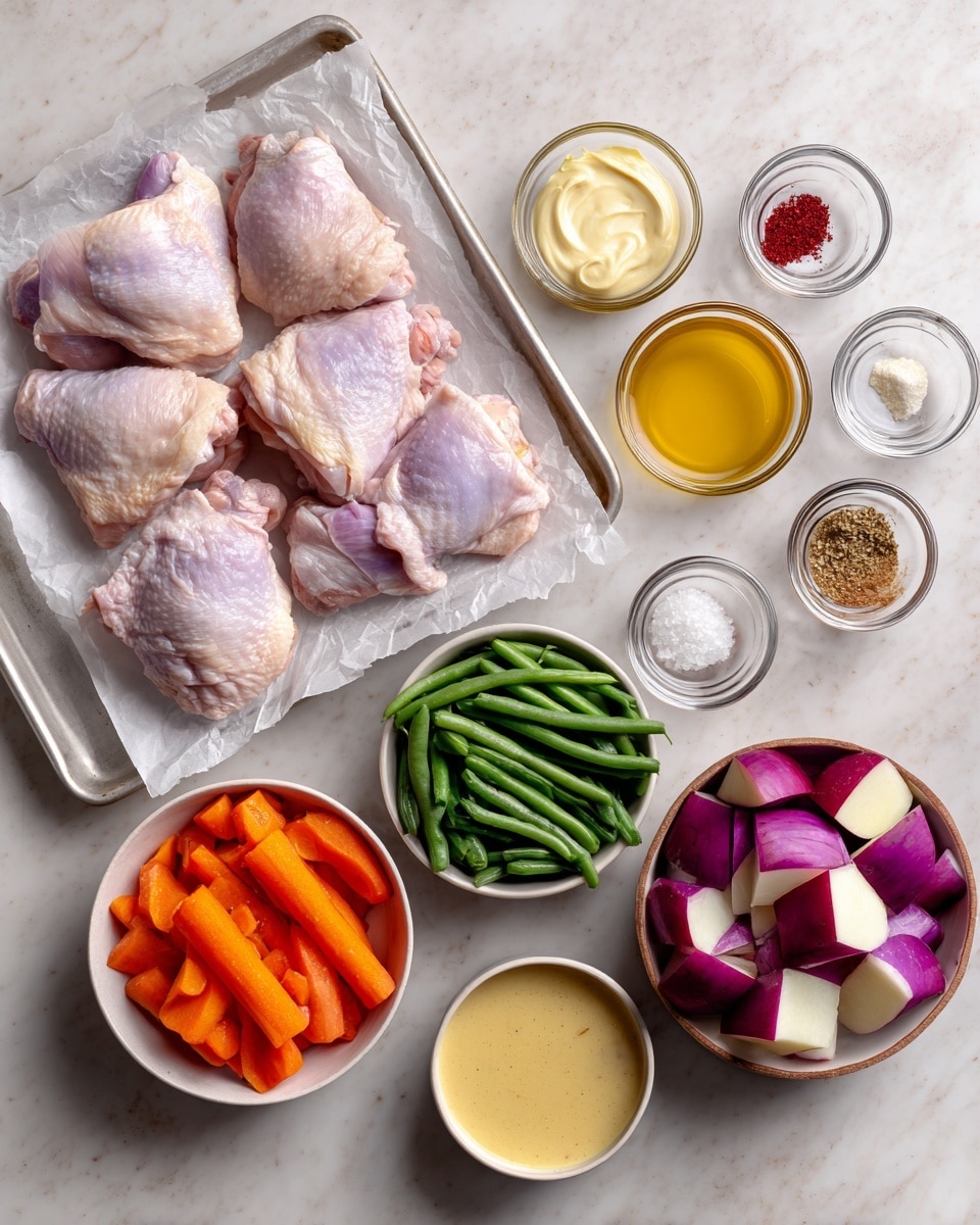 The image shows several ingredients placed on a white marbled surface. On the left, there is a tray lined with parchment paper holding five raw chicken thighs with pale pink and light purple tones. Below the tray, there are three separate white bowls containing sliced orange carrots, chopped purple red onions, and green beans with a fresh texture. On the right side, another white bowl contains chunks of red-skinned potatoes with white inside. Near the top right, there are multiple small clear glass bowls and two small brown bowls, each filled with different ingredients: one has a yellow honey-like liquid, one has a creamy beige sauce, another has yellow mustard, a swirl of white creamy sauce, and small amounts of powdered spices in white and red colors, plus a mixture of salt and black pepper. The overall setup is neat and bright, with everything prepared and arranged for cooking photo taken with an iphone --ar 4:5 --v 7