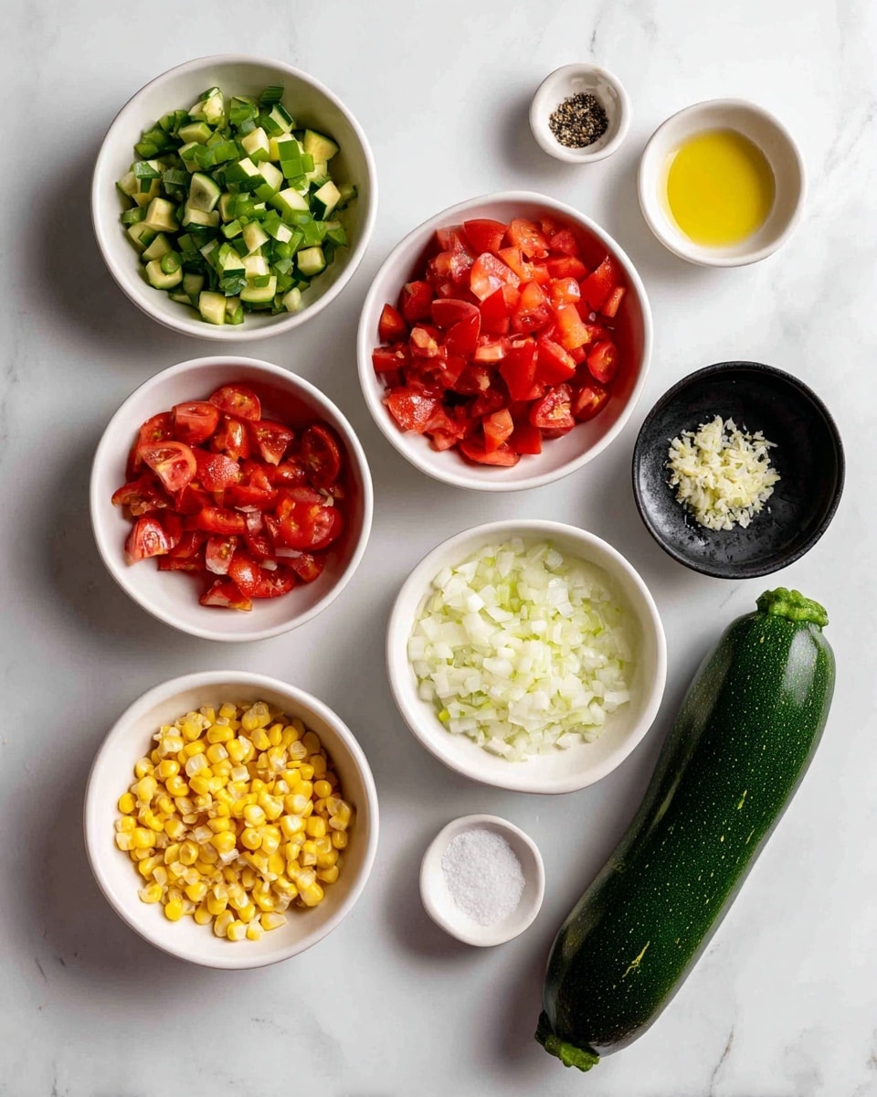 A top-down view of seven small white bowls and one piece of fresh calabacita arranged neatly on a white marbled surface. Each bowl contains a different ingredient: one with chopped green calabacitas, another with diced red roma tomatoes, a bowl filled with yellow corn kernels, a small bowl holding finely chopped white onions, another with chopped green chile, a small bowl containing crushed garlic, one bowl with a small amount of oil, and a small black container filled with salt. The fresh whole calabacita lies to the right side of the bowls. All ingredients show clear colors and textures, placed in an orderly way. Photo taken with an iphone --ar 4:5 --v 7