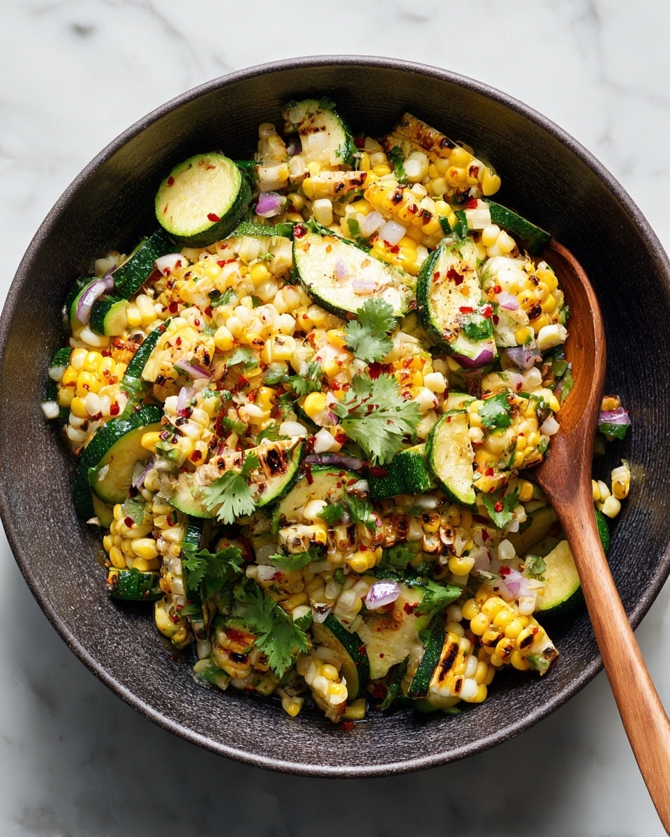 A dark bowl filled with a colorful mix of grilled corn pieces that are golden with char marks, chunky green zucchini slices with a soft texture, small bits of white onion, and small pieces of red chili pepper, all sprinkled with fresh green cilantro leaves; a wooden spoon with a smooth texture rests inside the bowl on the right side, the whole dish sits on a white marbled surface photo taken with an iphone --ar 4:5 --v 7