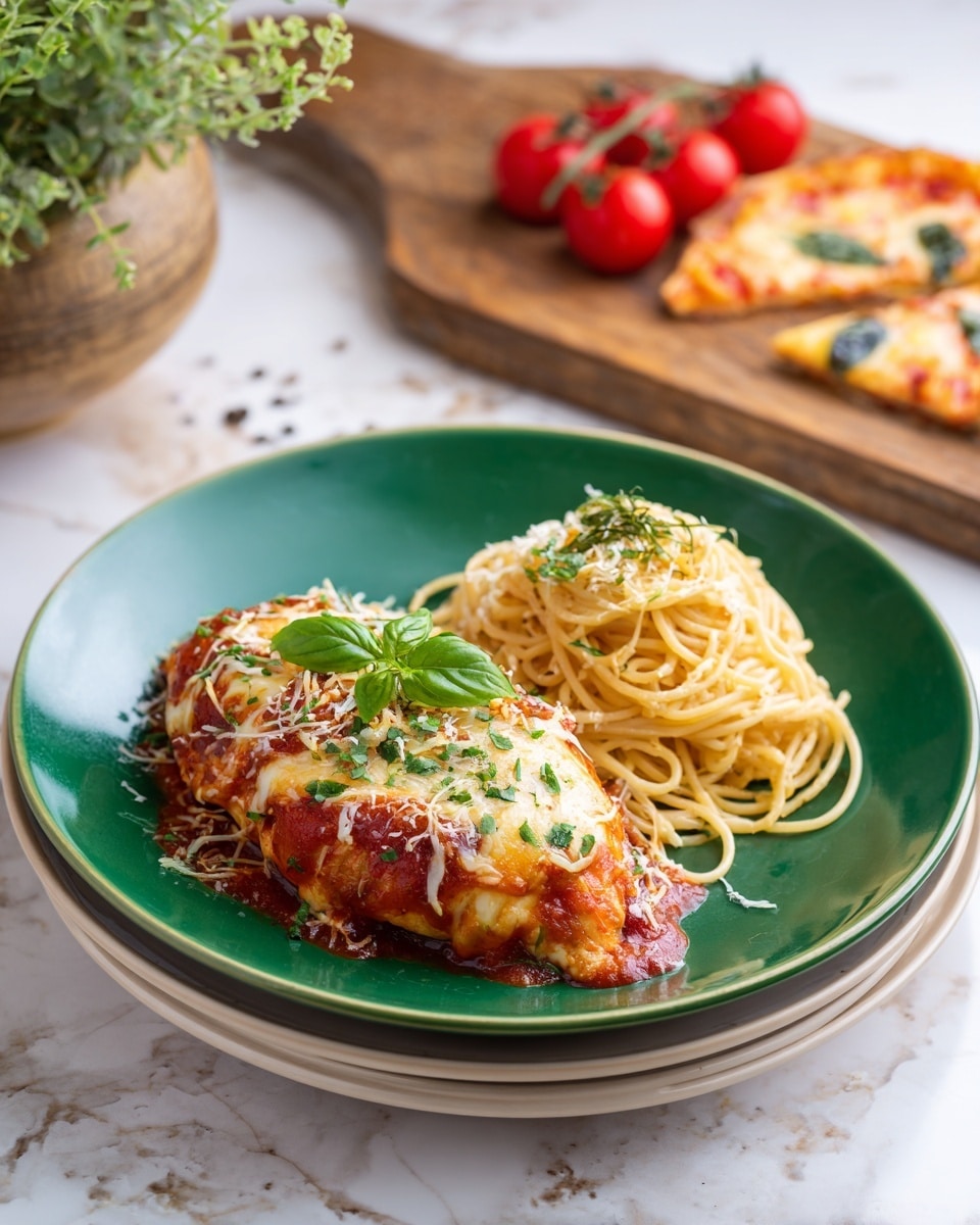 A green plate holds two main sections: on the left, there is a small neat pile of spaghetti, light golden in color with some green basil leaves on top, and on the right, there is a serving of chicken covered in red tomato sauce with melted cheese, sprinkled with white grated cheese and small green herbs. This green plate sits on top of a stack of two larger white plates. In the background, there's a wooden board with a slice of pizza and some fresh tomatoes, all on a white marbled surface with scattered herbs and seasoning. Photo taken with an iphone --ar 4:5 --v 7