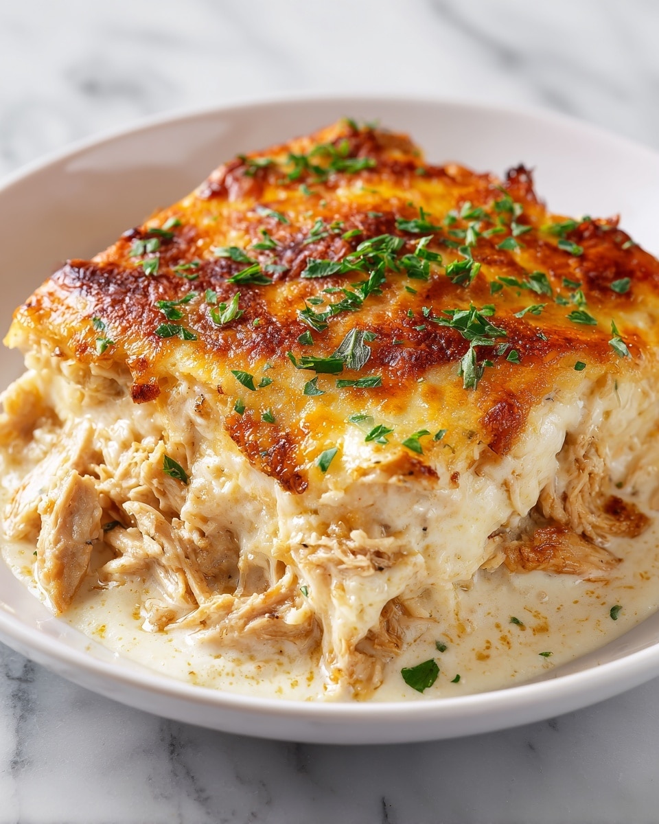 The image shows a close-up of a creamy baked dish served on a white plate with a white marbled surface beneath. It has a base layer of shredded light-colored chicken mixed in a creamy sauce. On top, there is a golden-brown melted cheese layer with slightly crispy edges. Green chopped herbs are sprinkled over the cheese, adding a fresh touch of color. The texture looks soft and rich, with a nice contrast between the creamy base and the browned cheese topping. Photo taken with an iphone --ar 4:5 --v 7