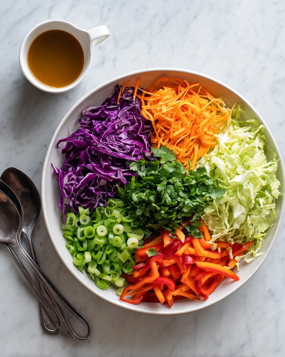 A large white bowl sits on a white marbled surface, filled with six distinct layers of fresh chopped vegetables arranged in sections. Starting from the top left and moving clockwise, there is bright purple shredded cabbage with a crinkled texture, light green shredded cabbage that looks soft and crisp, finely diced green bell peppers, thin orange carrot strips, ringed light green sliced scallions, and thin bright red pepper strips. In the center of the bowl is a pile of chopped fresh cilantro, dark green and leafy. To the side on the surface is a small white cup filled with brown dressing and two dark metal serving spoons. Photo taken with an iphone --ar 4:5 --v 7
