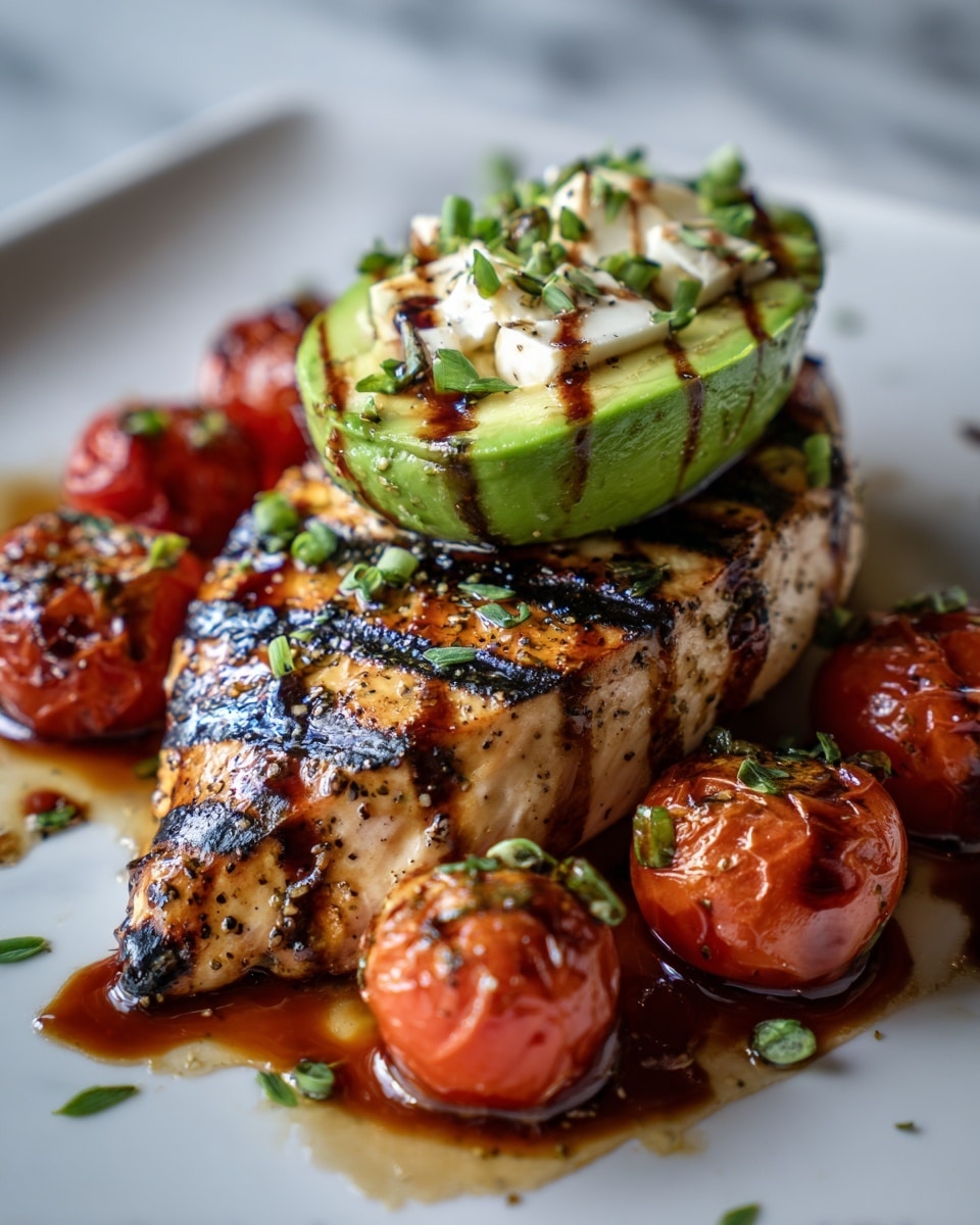 A white plate holds two pieces of grilled meat with dark grill marks, topped with bright green slices of avocado layered with soft white cheese, and round, red grilled cherry tomatoes scattered on top and around the meat. The dish is finished with a dark balsamic glaze drizzled over and small bits of green herbs sprinkled everywhere. The plate is set on a white marbled background. photo taken with an iphone --ar 4:5 --v 7