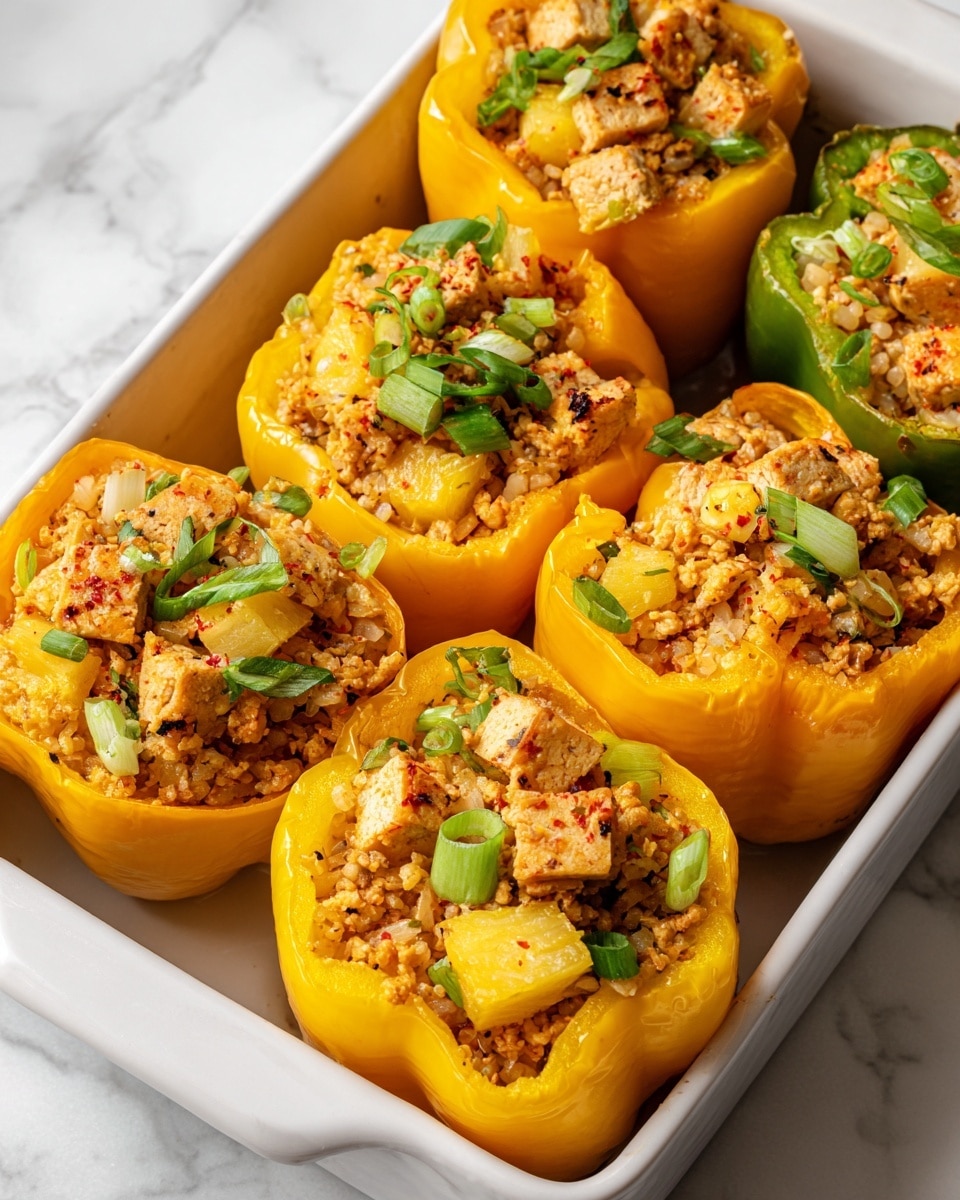 The image shows a white rectangular dish filled with round yellow bell peppers, each hollowed and stuffed with a mix of rice, small browned chunks of tofu or chicken-like cubes, and diced pineapple pieces. The filling appears moist with visible bits of seasoning and is garnished with finely chopped green onions scattered on top. The yellow bell peppers are arranged closely together, filling the dish completely. The background surface is a white marbled texture. photo taken with an iphone --ar 4:5 --v 7