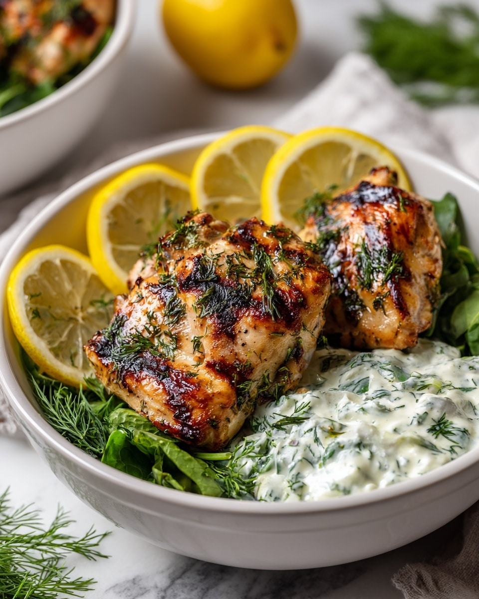 A white bowl filled with several colorful layers starting at the bottom with white rice, topped by white yogurt sauce with specks of green herbs and black pepper on the left side, golden brown grilled chicken pieces with dark char marks mixed with fresh green dill in the center, thinly sliced light purple onions to the right, bright red cherry tomato halves at the back right, and a mix of light green cucumber, yellow bell pepper, and red onion pieces on the back left, all placed on a white marbled surface photo taken with an iphone --ar 4:5 --v 7