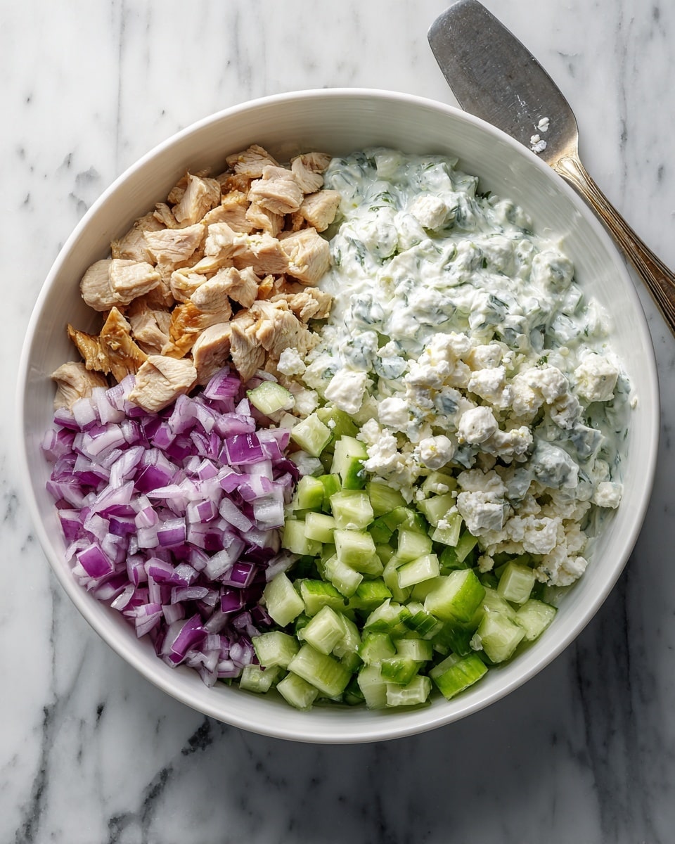 A white bowl sits on a white marbled surface filled with five distinct layers of ingredients arranged in separate sections. The base layer is a creamy mixture with a pale blue tint and small green herb bits, covering the whole bowl bottom. On top, clockwise from left, there are light tan small diced cooked chicken pieces, bright green diced celery, smaller diced deep green and light green cucumber pieces, a pile of crumbly white feta cheese, and finely chopped purple-red onions. A gray spatula rests on the marbled surface to the right of the bowl. photo taken with an iphone --ar 4:5 --v 7