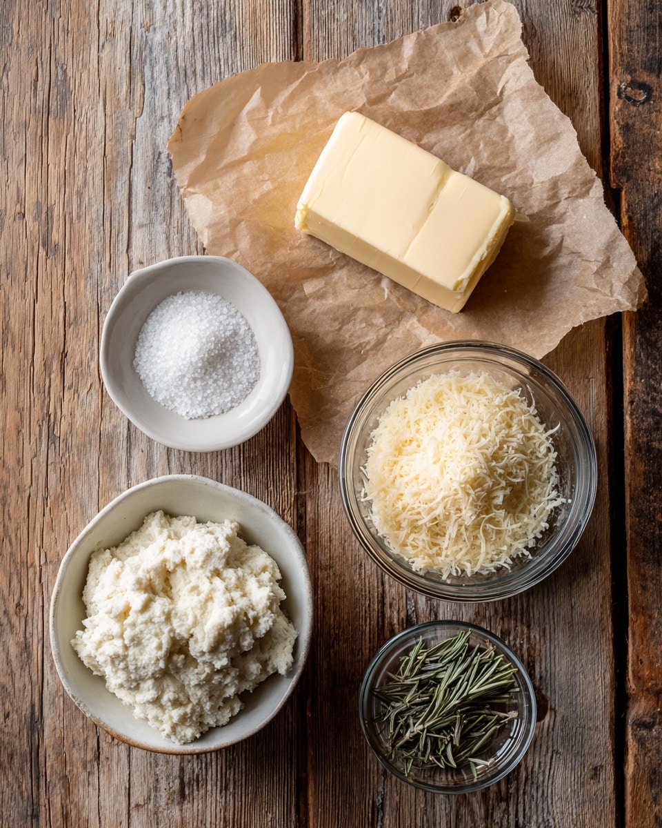 The image shows five small containers and ingredients placed on a wooden surface. In the center bottom, there is a white bowl holding sourdough discard with a rough texture. To the left, a small white bowl contains coarse salt. Above the salt, a block of unsalted butter, pale yellow and soft, rests on a piece of brown parchment paper. To the right of the butter, a clear glass bowl is filled with finely grated Parmesan cheese, light yellow and powdery in appearance. Below the Parmesan, a small clear dish holds dried rosemary leaves, green and needle-like. The photo taken with an iphone --ar 4:5 --v 7