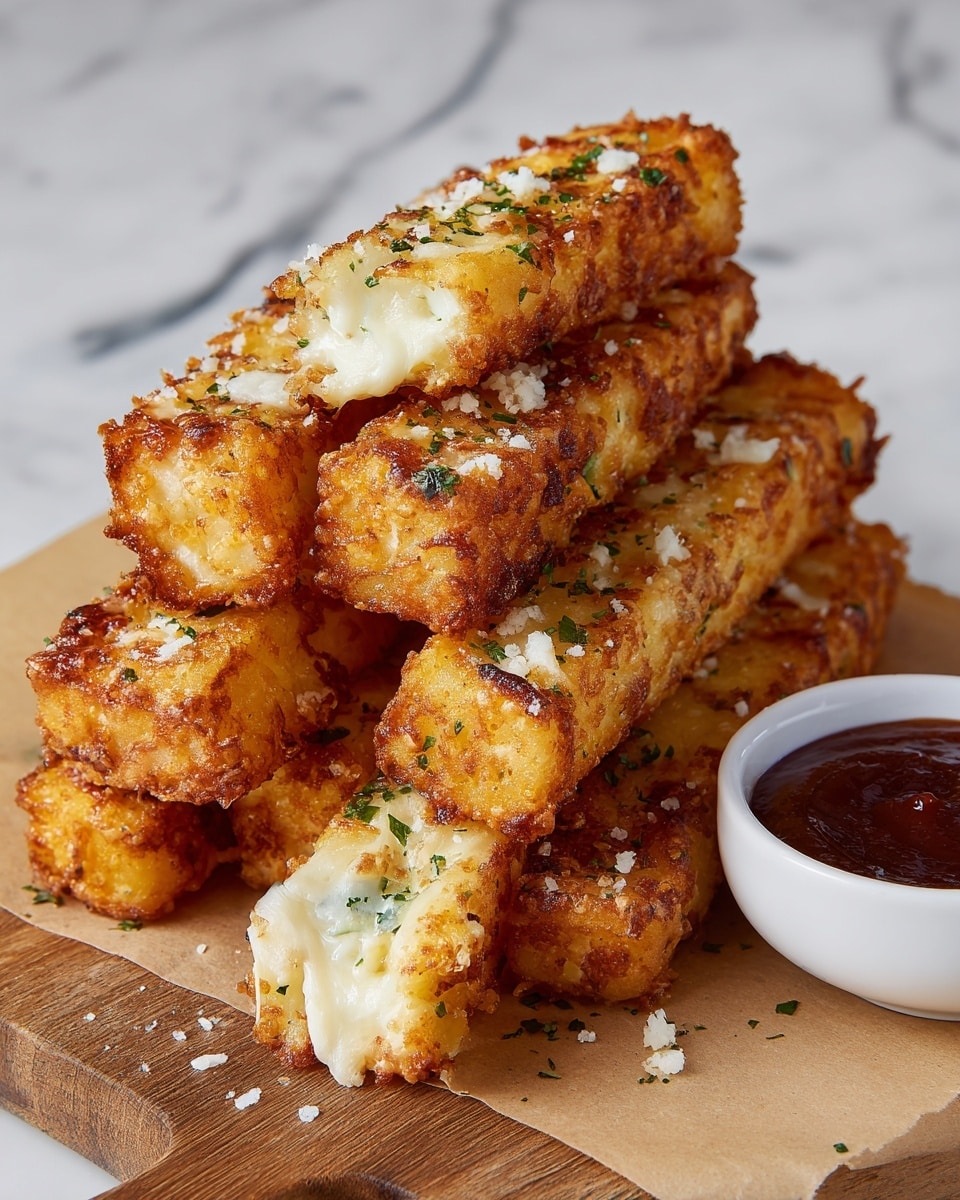 The image shows five golden brown sticks stacked in a pile on brown paper over a wooden board. Each stick has a textured, crispy surface with melted cheese that is browned in spots, sprinkled with small green herbs and white grated cheese. Some sticks reveal a soft, light inside with a moist texture. To the right, there is a small white bowl filled with a dark reddish-brown sauce. The background is a white marbled surface. photo taken with an iphone --ar 4:5 --v 7