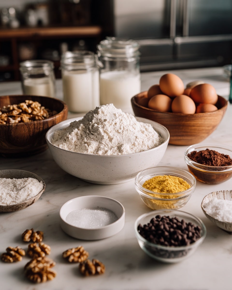 Multiple baking ingredients are arranged on a white marbled surface. On the left is a medium white bowl filled with a large mound of flour. Next to it, there are walnut halves scattered in front of a smaller white bowl of salt. Behind the walnuts is a small round white bowl containing a yellow powder. Behind that bowl, a larger wooden bowl holds more flour. To the right of the bowls, a bunch of brown eggs sit together. In front of the eggs, there is a small clear glass bowl full of dark chocolate chips and another white bowl with sugar. Behind the eggs are two clear glass jars filled with milk, a small jar with honey, and a smaller white bowl with a brown powder. The scene is softly lit and the background shows a blurred kitchen with a refrigerator. Photo taken with an iphone --ar 4:5 --v 7