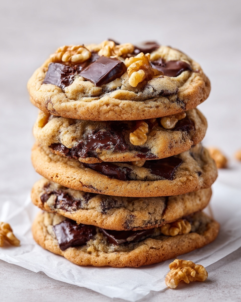 A stack of soft, golden-brown cookies filled with dark chocolate chunks and pieces of light brown walnut sits on white parchment paper over a white marbled surface. Each cookie has a slightly rough texture with visible melted chocolate and nut pieces embedded on the surface, and some walnut halves are placed on top as decoration. The cookies overlap each other, creating a layered, inviting look. Photo taken with an iphone --ar 4:5 --v 7
