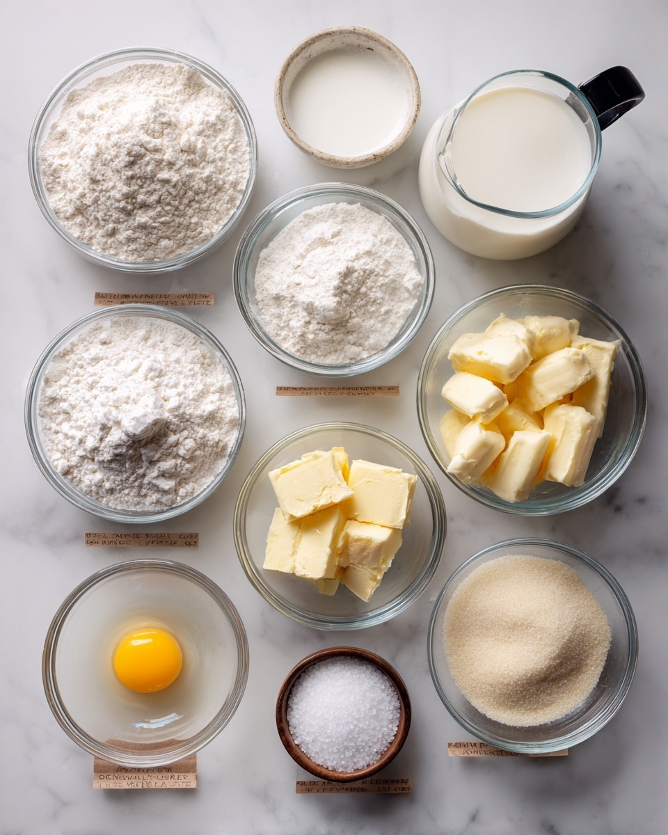 The image shows a top view of nine clear glass bowls arranged neatly on a white marbled surface. In the top row from left to right are three bowls containing white bread flour with a rough texture, white milk with a smooth surface in a measuring cup with a black handle, and creamy sourdough starter discard with a slightly thick surface. Below them, the second row has a bowl with fine white potato flour, a bowl with several light yellow butter sticks cut into small pieces, and a bowl with a raw egg showing its bright yellow yolk and clear egg white. The bottom row features three small bowls filled with white sugar, light tan yeast granules, and fine white salt, all neatly placed. Each ingredient is labeled with text above or below the bowls on brown paper-like rectangles. The photo taken with an iphone --ar 4:5 --v 7