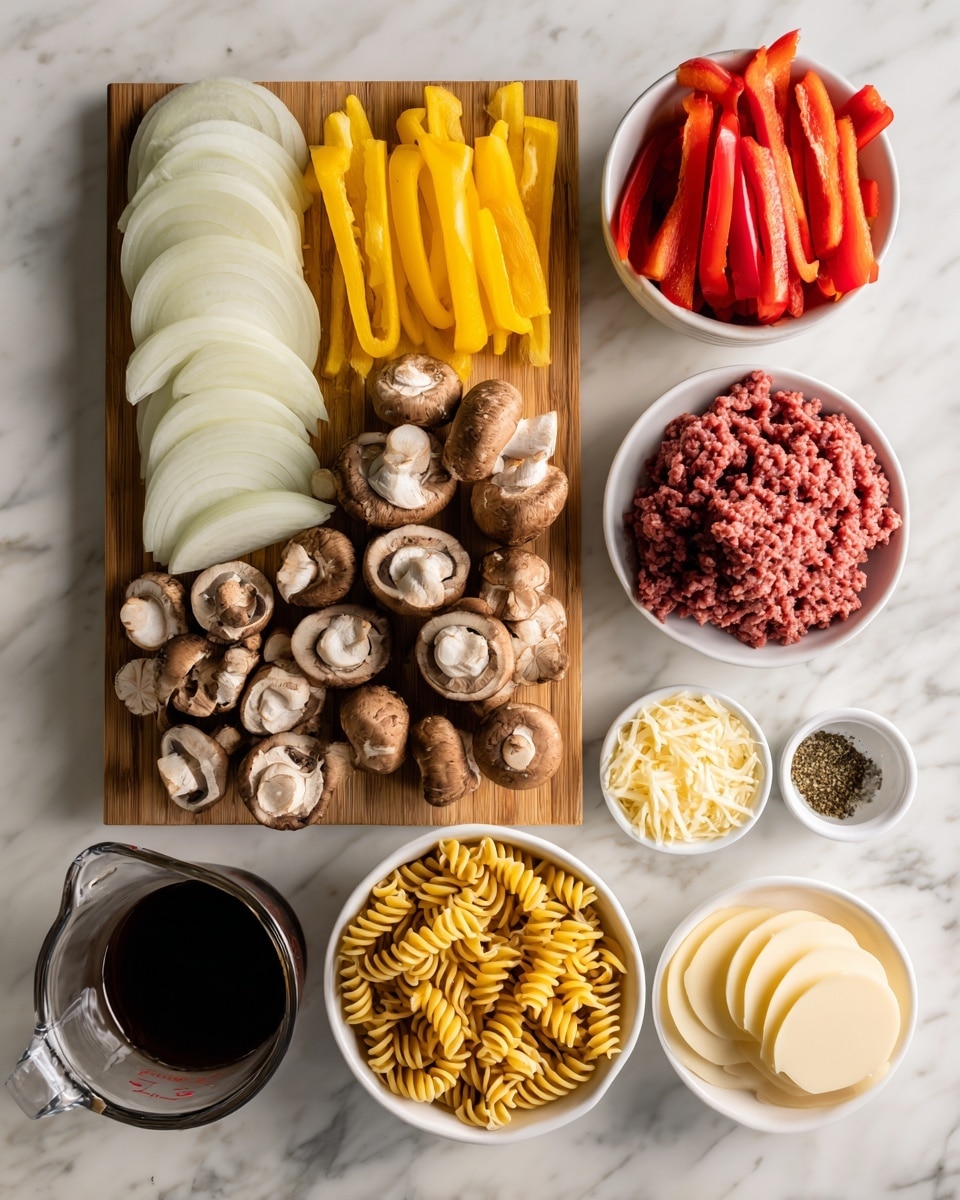 The image shows a white marbled surface with various ingredients arranged neatly. On the top left, there is a wooden cutting board holding three piles of sliced vegetables: white onion, bright yellow bell peppers, and red bell peppers, all cut into long strips. Below the board, a white bowl is filled with whole and sliced brown mushrooms. To the right, another white bowl contains raw ground beef with a slightly coarse texture. Surrounding this bowl are smaller white containers holding minced garlic, mixed seasoning, and a small amount of olive oil. Near the center, a white bowl is full of uncooked spiral pasta, showing a golden yellow color. At the bottom left, a clear measuring cup holds dark beef broth. On the bottom right, two white bowls are present: one with shredded pepper jack cheese that is pale yellow with small holes, and another with neatly stacked round slices of provolone cheese that are smooth and off-white in color. Everything is arranged in a clean and organized way on the white marbled surface. photo taken with an iphone --ar 4:5 --v 7