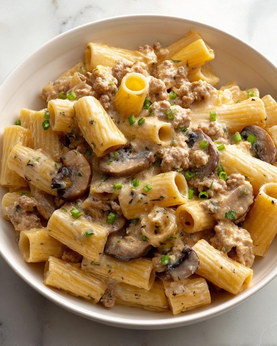 The image shows a white bowl filled with a pasta dish made with rigatoni noodles. The pasta is mixed with small pieces of cooked ground meat and sliced mushrooms covered in a creamy light brown sauce. Small green bits, likely herbs or chopped green onions, are scattered on top. The textures show the smooth sauce coating the pasta and meat, with the firm pasta tubes standing out. The dish is resting on a white marbled surface. Photo taken with an iphone --ar 4:5 --v 7