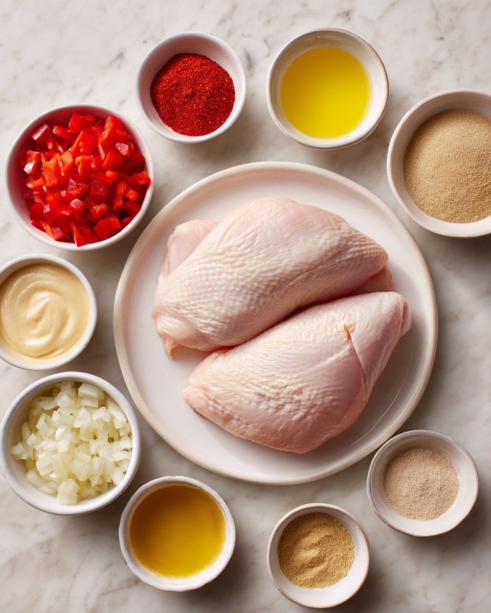 The image shows two raw chicken pieces placed in the middle of a white plate. Surrounding the plate are eight small white bowls, each holding different ingredients: chopped red peppers, a small amount of light brown powder, a yellow chunky sauce, a creamy white sauce, finely chopped onions, light golden brown liquid, yellow seasoning powder, and a small bowl of beige dry seasoning. All items are arranged on a white marbled surface. photo taken with an iphone --ar 4:5 --v 7