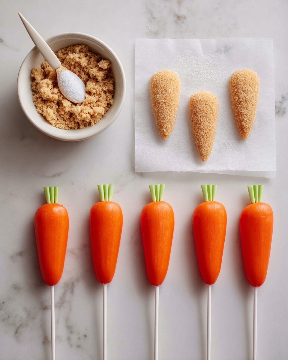 The image shows four steps of making carrot-shaped treats. In the first step, a white bowl on a white marbled surface holds light brown crumbly dough with a spoon and a small pile of white powder on top. The second step shows six shaped pieces of the dough, rough-textured and light brown, lying on white parchment paper over the white marbled surface. The third step has six of these same shaped dough pieces, each attached at the bottom to a white stick with a green base, all placed on white parchment paper on the white marbled surface. The fourth step shows five finished carrot shapes, smooth and bright orange, mounted on white sticks with green bases, standing upright against a plain white background. photo taken with an iphone --ar 4:5 --v 7