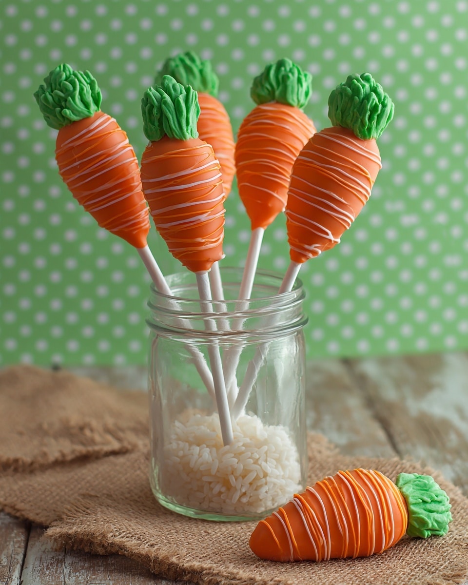 A clear stand holds several carrot-shaped cake pops arranged in rows, each on a white stick. The cake pops have a smooth, bright orange outer layer with thin, darker orange swirl lines wrapped around them horizontally, giving a textured look. Each cake pop is topped with three small, green leaves made from a glossy material that look fresh and slightly shiny. The clear stand rests on a white marbled surface, and the background is plain and light-colored, making the cake pops the main focus of the image. The photo taken with an iphone --ar 4:5 --v 7