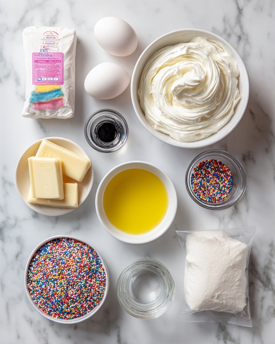 The image shows ingredients arranged neatly on a white marbled surface for making cake. There is a white bowl filled with white frosting placed at the top right. Around it, there are two white eggs, a small white bowl with clear yellow oil, a bar of white melting chocolate broken into pieces, a bunch of multicolor sprinkles in a clear container, a small jar of black food coloring gel, a small cup of water, and a bag of white cake mix with a pink label. The items are spaced out evenly and viewed from above, creating a clean and organized look. Photo taken with an iphone --ar 4:5 --v 7
