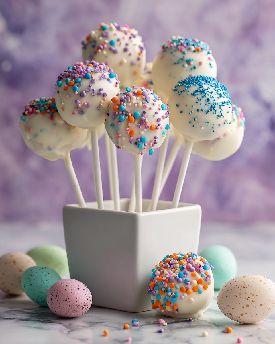 The image shows a group of round cake pops coated in smooth white icing, each topped with colorful sprinkles in varied shapes and sizes such as tiny balls and dots in bright colors like blue, orange, pink, and purple. The cake pops are held upright by white sticks inserted into a small white square container. One cake pop lies on the white marbled surface in front of the container. Around the scene, there are pastel-colored speckled eggs in soft shades of blue, pink, green, and beige scattered loosely, adding a festive touch. The background is a soft, blurred purple that contrasts gently with the white cake pops and sticks. The photo taken with an iphone --ar 4:5 --v 7