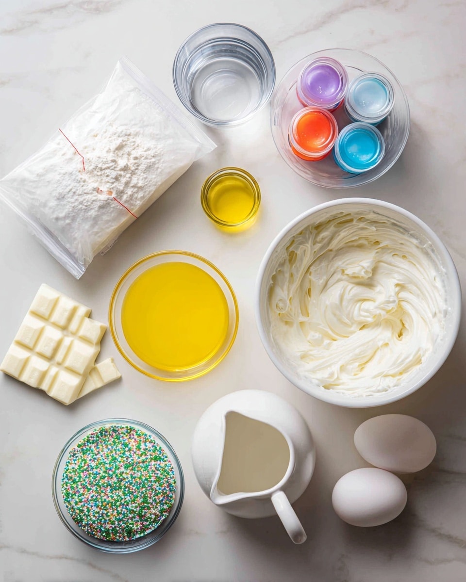 A top-down view of white ingredients for baking. There is a white bowl filled with white frosting on the right. Two white eggs sit beside the frosting bowl. A white pitcher holds yellow oil near the bottom right. To the top left, a white packet labeled white cake mix is next to a clear, empty glass and a small container of water. Three small jars of colorful food coloring gels are near the top right. Below the cake mix, a container of green and white sprinkles sits beside white melting chocolate bars. All items are placed on a white marbled surface. Photo taken with an iphone --ar 4:5 --v 7