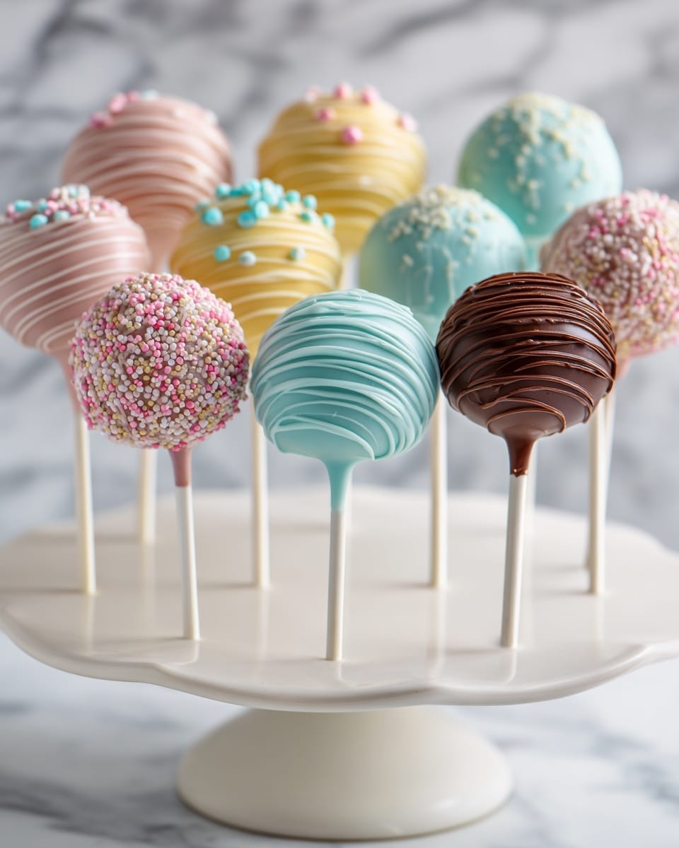 There are many cake pops on white sticks arranged on a white cake stand with a smooth surface. The front row has a milk chocolate cake pop with darker chocolate drizzle on the right, a light blue cake pop with smooth swirled texture next to it, and two pinkish cake pops covered with small white and pink sprinkles on the left. Behind them are cake pops in soft pastel colors including pale pink, yellow, and turquoise, some with small round sprinkles in matching colors. The sticks are vertical, and the background is a white marbled texture. Photo taken with an iphone --ar 4:5 --v 7
