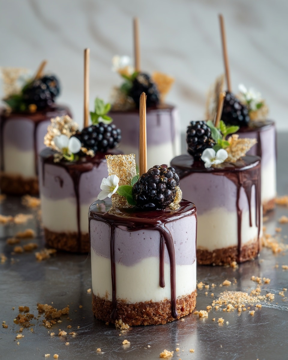 The image shows six small round desserts arranged on a wooden board with paper underneath. Each dessert has a dark chocolate sphere as the bottom layer, topped with a thick, smooth layer of light purple cream sprinkled with fine chocolate powder. On top of the cream, there is a single blackberry, small purple edible flowers, and some light yellow crumb pieces. Two of the desserts have bright green mint leaves protruding from the top, and each dessert is pierced with a thin wooden stick in the center. The board is placed on a dark surface with a few crumbs and flower petals scattered around. Photo taken with an iphone --ar 4:5 --v 7
